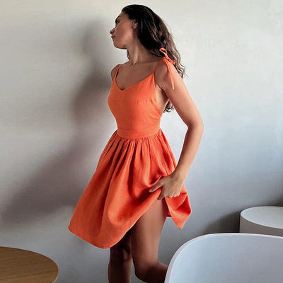 Women's Backless Straps Dress Breathable 100% Cotton Summer Black Party A-line Mini Dresses Woman's High Waist Elegant Sexy Robe