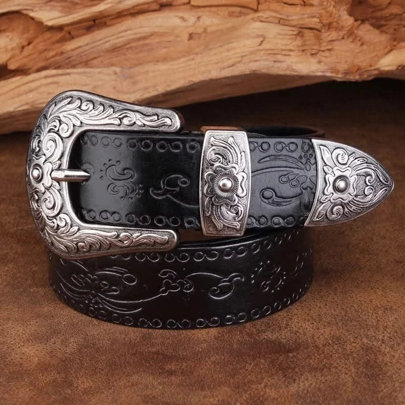 Designer High Quality Genuine Leather Strap Retro Flower Printing Belts Men |  Pin Buckle Belt