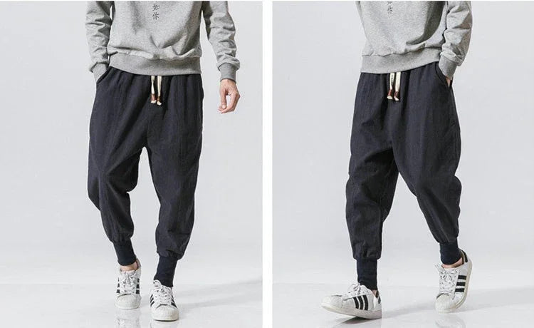 Cotton Linen Harem Pants Men Solid Elastic Waist Streetwear Joggers New Baggy Drop-crotch Pants Casual Trousers Men