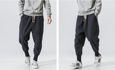 Cotton Linen Harem Pants Men Solid Elastic Waist Streetwear Joggers New Baggy Drop-crotch Pants Casual Trousers Men