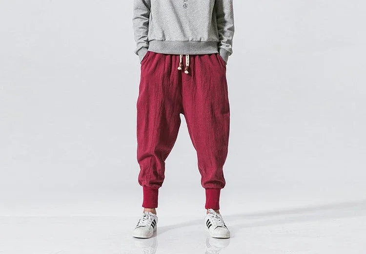 Cotton Linen Harem Pants Men Solid Elastic Waist Streetwear Joggers New Baggy Drop-crotch Pants Casual Trousers Men