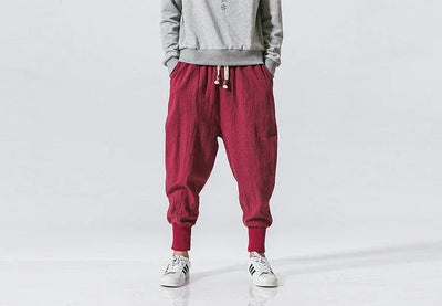Cotton Linen Harem Pants Men Solid Elastic Waist Streetwear Joggers New Baggy Drop-crotch Pants Casual Trousers Men