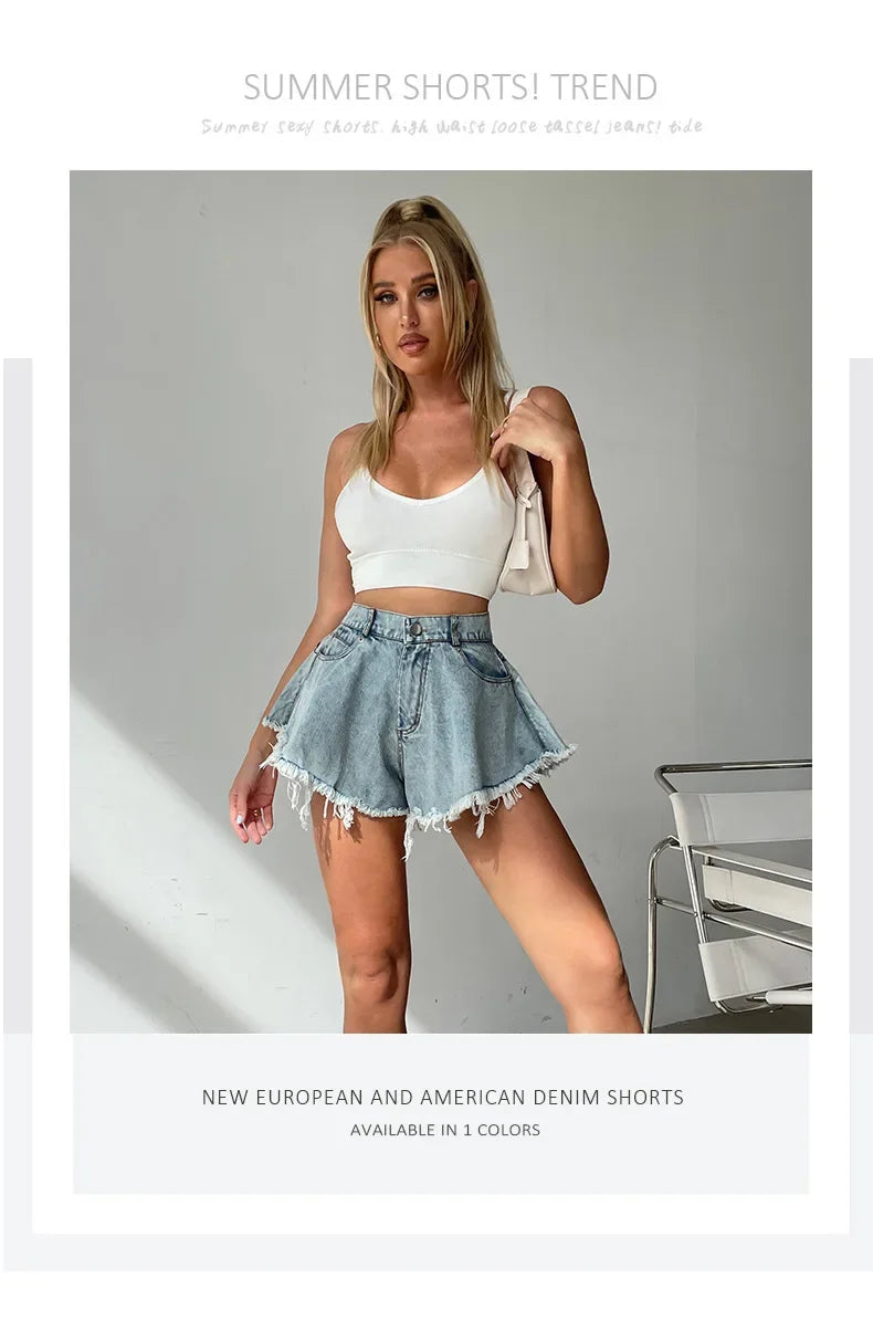 2025 Summer New Women Jeans Denim Shorts High Waist Loose Tassel Jeans S-xxl