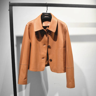 Women's Sheepskin Short Tops Harajuku Fashion Jassen Dames Slim Jaqueta De Couro Legítimo Square Collar Trendy Streetwear Coat