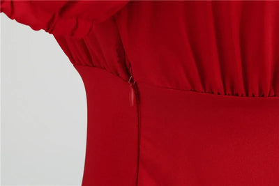 Women Vintage Dress Robe Elegant Party  Casual Office Midi Dress Femme Summer Puff Sleeve Square Collar Solid Red