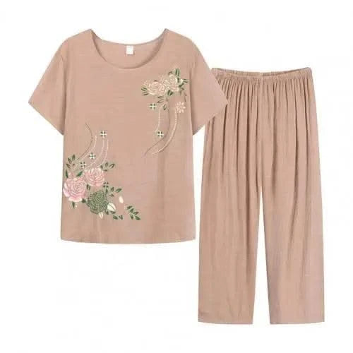 Summer Women Lounge Wear Set Short Sleeve Floral Print T-shirt Trousers Pants Loose Two Pieces Set Outfit Middle-aged Women Suit