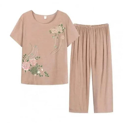 Summer Women Lounge Wear Set Short Sleeve Floral Print T-shirt Trousers Pants Loose Two Pieces Set Outfit Middle-aged Women Suit