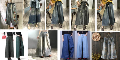 TIYIHAILEY Wide Leg Long Pants For Women Cotton Trousers Elastic Waist Casual Striped Embroidery Ladies 2025 New Fashion