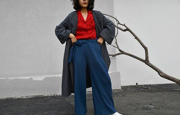 Miyake Pleated Designer Pleated Blue Belt Pants Casual Long Women Trousers