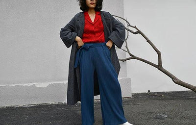 Miyake Pleated Designer Pleated Blue Belt Pants Casual Long Women Trousers