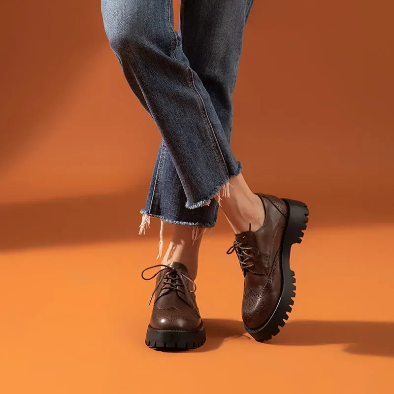 BeauToday Brogue Shoes Women Genuine Cow Leather Wintip Round Toe Cross-Tied Thick Sole Ladies Derby Shoes Handmade 21839