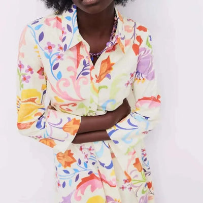 2021 Women Summer Dresses Floral Print Turn-down Collar A-Line 3/4 Sleeve Large Hem Single-breasted Mid-Calf Shirt Midi Dress St