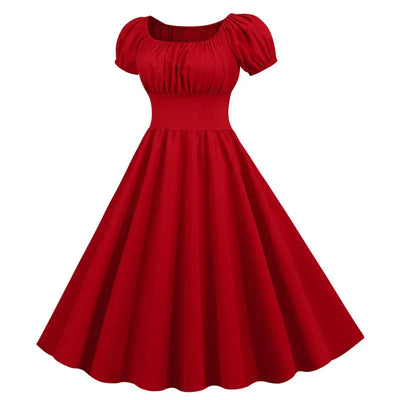 Women Vintage Dress Robe Elegant Party  Casual Office Midi Dress Femme Summer Puff Sleeve Square Collar Solid Red