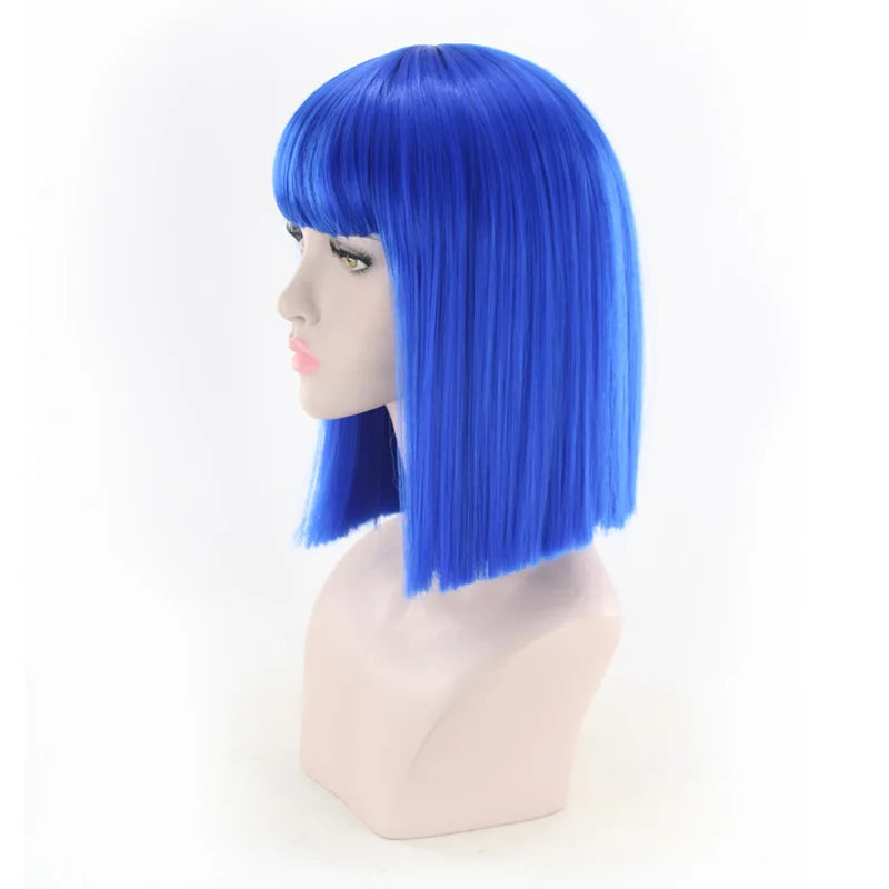 Synthetic Hair Short Wig With Bangs Cosplay Wigs For Women Straight Bob Wig Korean Pink Red Brown Blue Green White Purple Grey