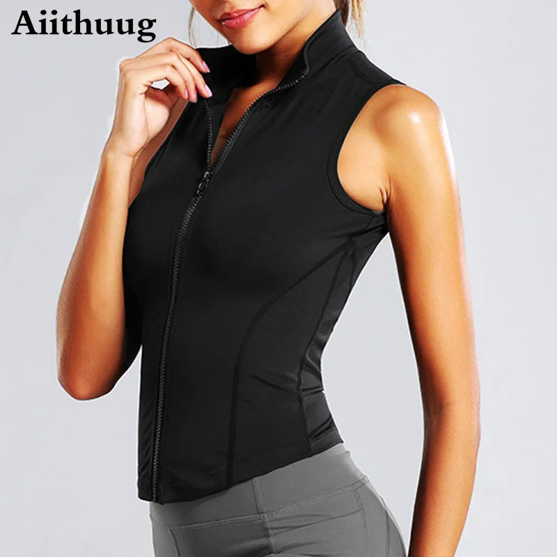 Aiithuug Athletic Zip Up Sweat Vest Jacket Sleeveless Running Yoga Tops High Neck Shirts Sports Top Fitness Women Workout Tops