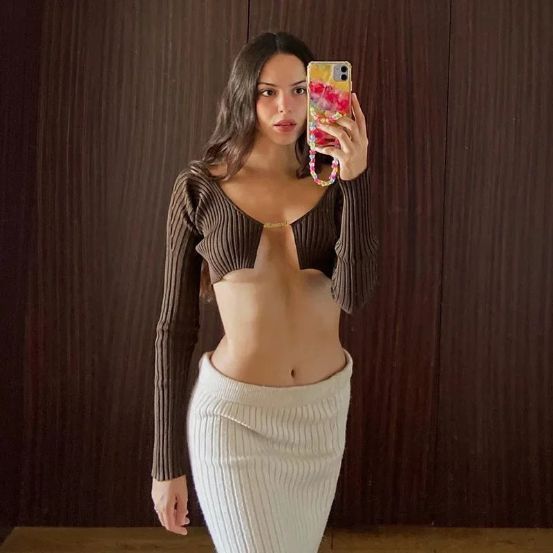 Cryptographic Autumn Knitted Sexy Cropped Sweaters Women Fashion Long Sleeve Cardigan Women Tops Pullovers Oversized Clothes