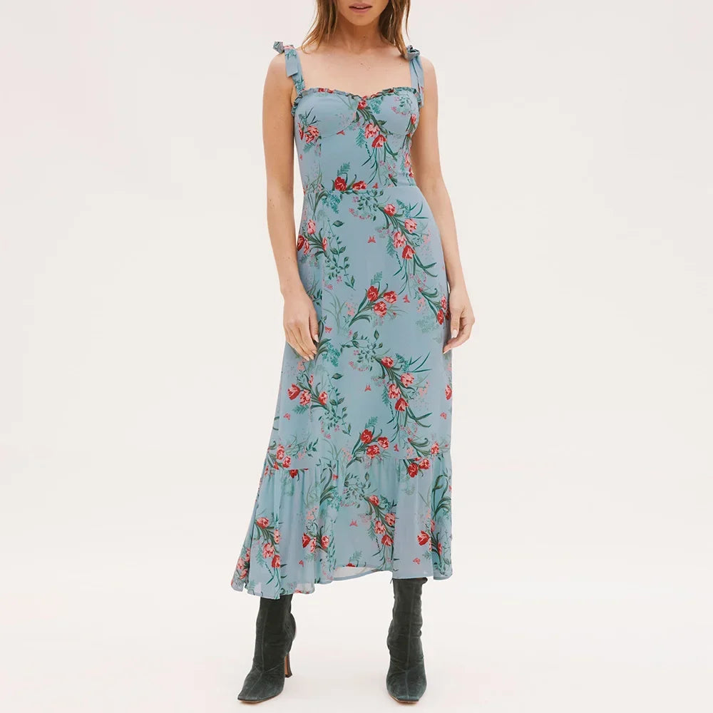 Summer Dresses For Women 2021 Elegant Ruffle Hem Floral Chiffon Midi Dress Frill Edge Sweetheart Neck Strap Tie Sexy Slip Dress