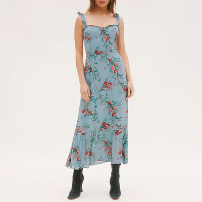 Summer Dresses For Women 2021 Elegant Ruffle Hem Floral Chiffon Midi Dress Frill Edge Sweetheart Neck Strap Tie Sexy Slip Dress