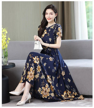 New Fashion 2024 Print Summer Dresses For Women Short Sleeve O-Neck Elegant Summer Dress Woman Clothing