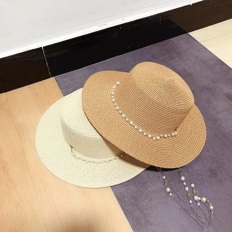 New Women Summer Hats Straw Sun Hat Panama Elegant Straw Fedoras Lady Girl Outdoor Vacation with Pearl Chain Sunshade Beach Hat