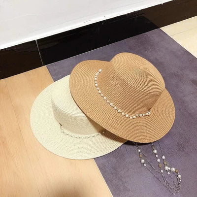 New Women Summer Hats Straw Sun Hat Panama Elegant Straw Fedoras Lady Girl Outdoor Vacation with Pearl Chain Sunshade Beach Hat