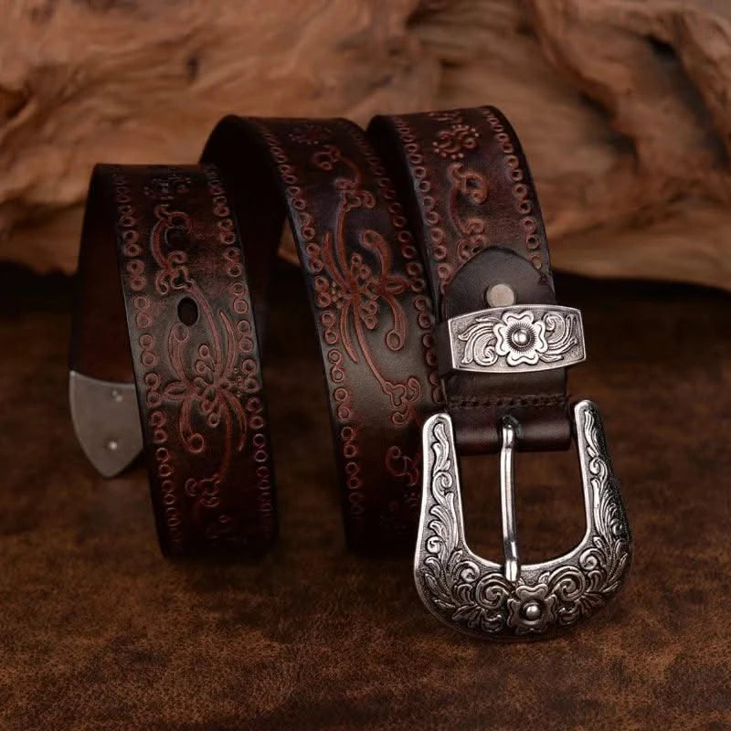 Designer High Quality Genuine Leather Strap Retro Flower Printing Belts Men |  Pin Buckle Belt