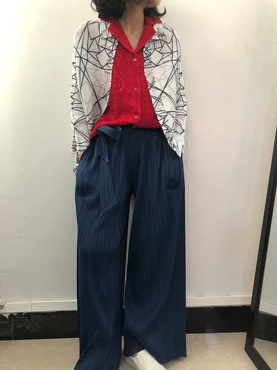 Miyake Pleated Designer Pleated Blue Belt Pants Casual Long Women Trousers