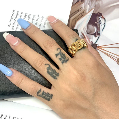 Luxury Never Fade 18K Gold Plated Bold Wide Thick Ring for Women Chunky Link Chain Stainless Steel Strap Finger Rings Jewelry