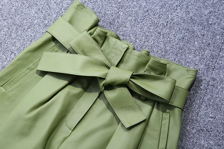 Stylish Genuine Leather Pants Women Sheepskin Bow Tie Lace High Waist Trousers Mujer Khaki/Green Straight Wide Leg Pantalon
