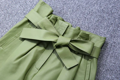 Stylish Genuine Leather Pants Women Sheepskin Bow Tie Lace High Waist Trousers Mujer Khaki/Green Straight Wide Leg Pantalon