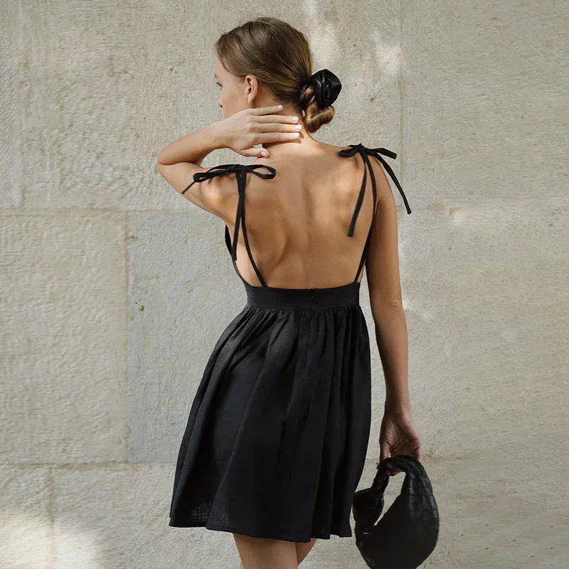 Women's Backless Straps Dress Breathable 100% Cotton Summer Black Party A-line Mini Dresses Woman's High Waist Elegant Sexy Robe