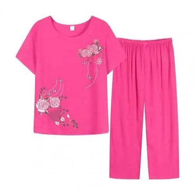 Summer Women Lounge Wear Set Short Sleeve Floral Print T-shirt Trousers Pants Loose Two Pieces Set Outfit Middle-aged Women Suit