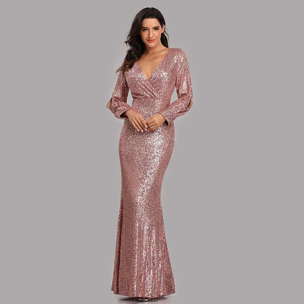 Sexy V-neck Mermaid Evening Dress Long Formal Prom Party Gown Full Sequins long Sleeve Galadress Vestidos Women Dresses 2021