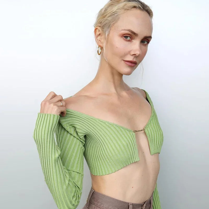 Cryptographic Autumn Knitted Sexy Cropped Sweaters Women Fashion Long Sleeve Cardigan Women Tops Pullovers Oversized Clothes