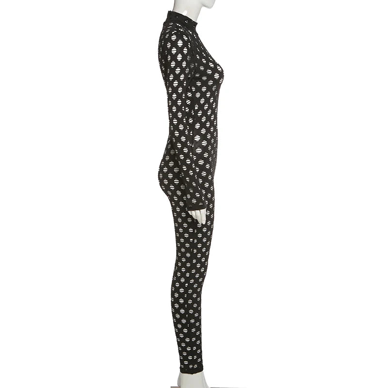 Hollow Out Jumpsuits Women 2021 Turtleneck Sexy Net Plaid Hole Skinny Elastic Club Streetwear Solid Rompers Female Outfits