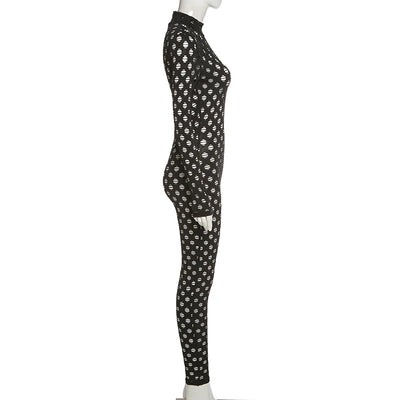 Hollow Out Jumpsuits Women 2021 Turtleneck Sexy Net Plaid Hole Skinny Elastic Club Streetwear Solid Rompers Female Outfits