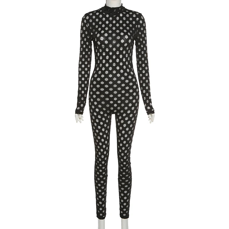 Hollow Out Jumpsuits Women 2021 Turtleneck Sexy Net Plaid Hole Skinny Elastic Club Streetwear Solid Rompers Female Outfits