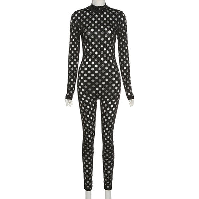 Hollow Out Jumpsuits Women 2021 Turtleneck Sexy Net Plaid Hole Skinny Elastic Club Streetwear Solid Rompers Female Outfits
