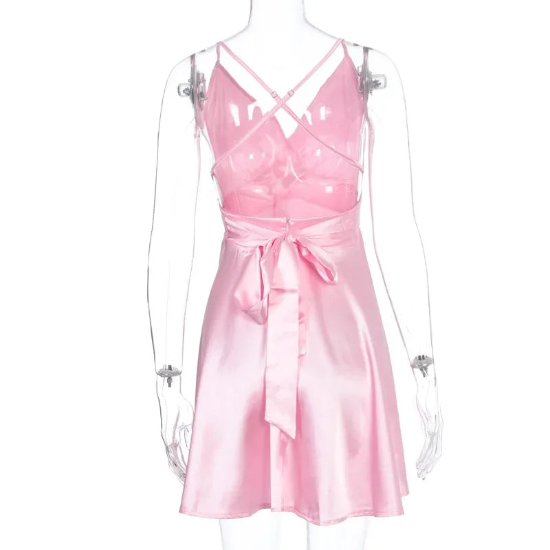 Women's Dress 2024 Fashion Summer elegant bow white female mini dress party cute sexy french romantic silk dress women