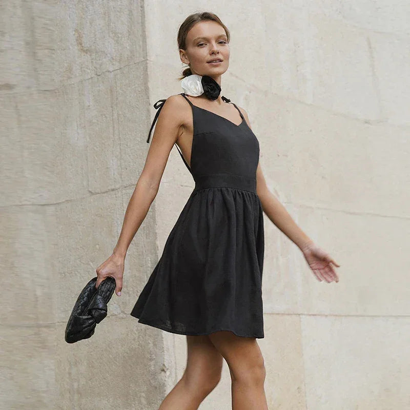 Women's Backless Straps Dress Breathable 100% Cotton Summer Black Party A-line Mini Dresses Woman's High Waist Elegant Sexy Robe