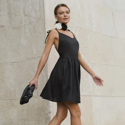 Women's Backless Straps Dress Breathable 100% Cotton Summer Black Party A-line Mini Dresses Woman's High Waist Elegant Sexy Robe