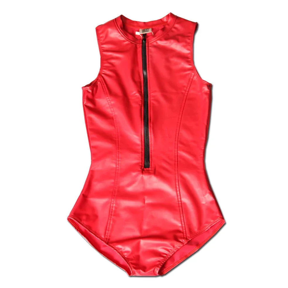 Sleeveless Oil Gossy Faux Latex PU Leather Bodysuit Motorcycle Catsuit Women Tights Bodycon Bodies Shirts Tops Teddies Leotard