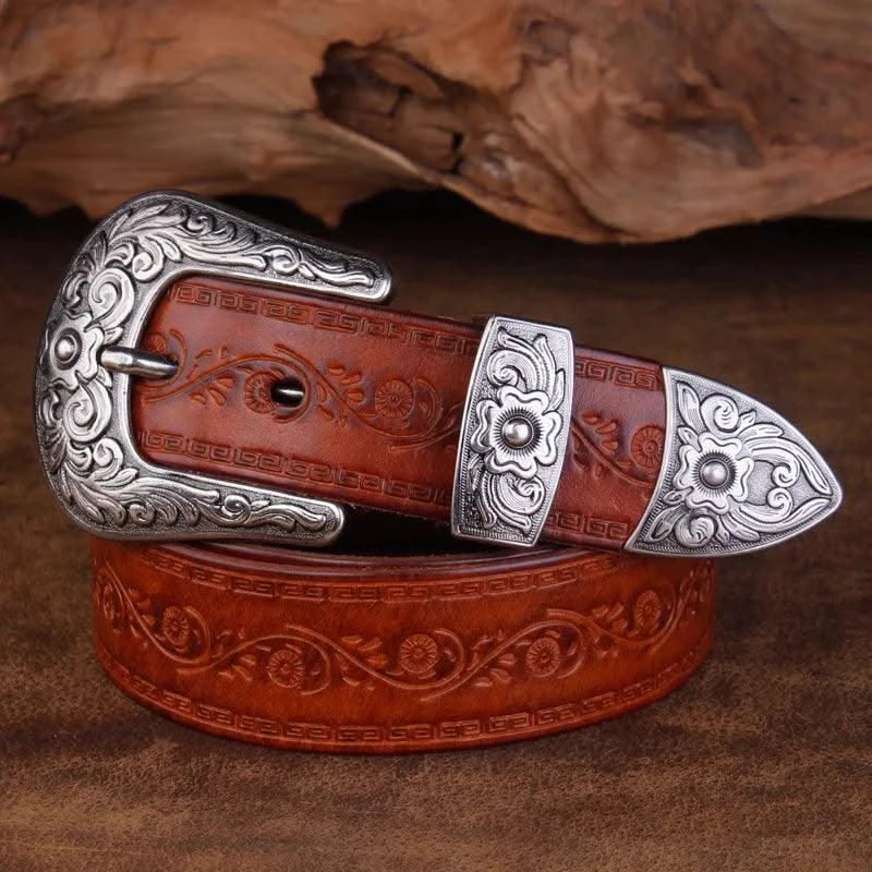 Designer High Quality Genuine Leather Strap Retro Flower Printing Belts Men |  Pin Buckle Belt