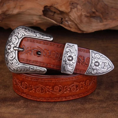 Designer High Quality Genuine Leather Strap Retro Flower Printing Belts Men |  Pin Buckle Belt
