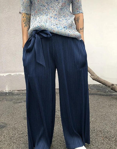 Miyake Pleated Designer Pleated Blue Belt Pants Casual Long Women Trousers