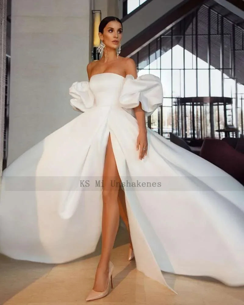 White Satin Sexy Wedding Dresses 2021 Puff Sleeve Split Side Bride Dress Strapless A Line Wedding Gowns Women Couture Mariage