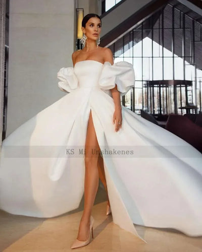 White Satin Sexy Wedding Dresses 2021 Puff Sleeve Split Side Bride Dress Strapless A Line Wedding Gowns Women Couture Mariage