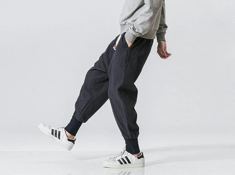 Cotton Linen Harem Pants Men Solid Elastic Waist Streetwear Joggers New Baggy Drop-crotch Pants Casual Trousers Men