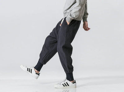Cotton Linen Harem Pants Men Solid Elastic Waist Streetwear Joggers New Baggy Drop-crotch Pants Casual Trousers Men