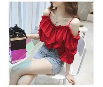 Ruffle Youth Elegant Blouses Tops Women Fashion Low Cut Blouse Summer Chiffon Shirt Pretty Bebeautiful Clothes